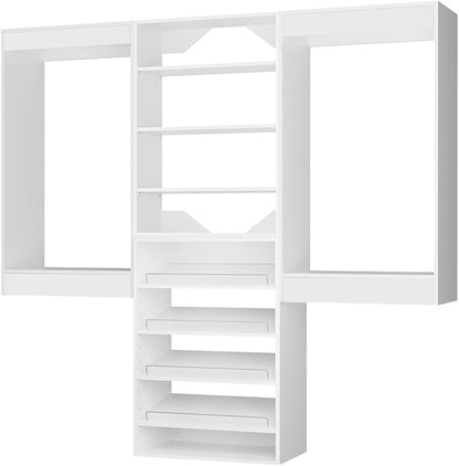 ROOMTEC Modular Closet System, 96" Wall Mounted Closet Organizer with Hanging Rods and Shoe Shelf, Wooden Tower for Walk-In Closets, Wardrobe Storage Kit, White