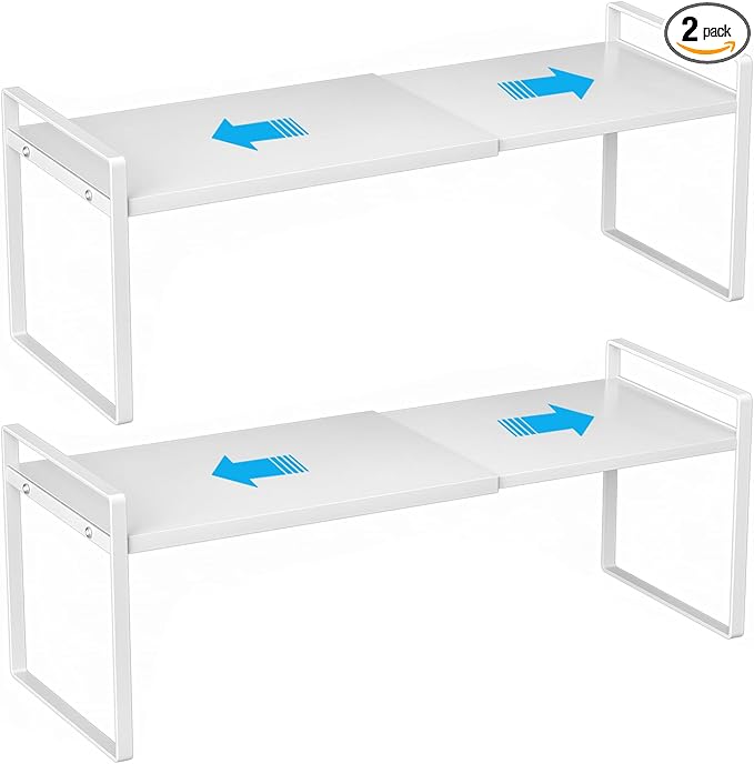 Expandable Cabinet Shelf Organizer, 2 Pack Stackable Metal Storage Rack, Adjustable Width & Height Countertop Spice Rack, Heavy Duty Pantry Cupboard Under Sink Organizer for Kitchen Office