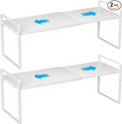 Expandable Cabinet Shelf Organizer, 2 Pack Stackable Metal Storage Rack, Adjustable Width & Height Countertop Spice Rack, Heavy Duty Pantry Cupboard Under Sink Organizer for Kitchen Office