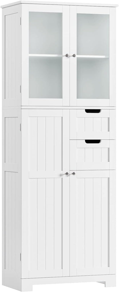 BOTLOG 67'' Tall Bathroom Storage Cabinet, Linen Cabinet with Glass Doors and Adjustable Shelves, Kitchen Pantry with 2 Drawers for Bathroom, Living Room, Dining Room, White