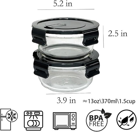 12Oz Round Glass Food Containers With Lids, Small Round Glass Meal Prep Containers,1.5 Cup Clear Food Storage Containers With Lids BPA-Free, Microwave, Dishwasher, Freezer Safe（Black
