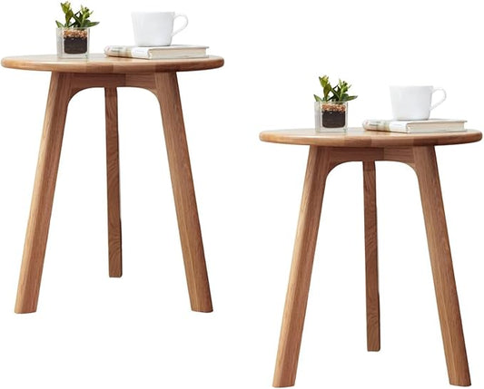 100% Solid Oak Small Side Table - Easy Assembly Round End Table with 3 Legs Pillars for Living Room, Bedroom, or Balcony - Mid Century Modern Nightstand for Small Spaces (Natural, 2)