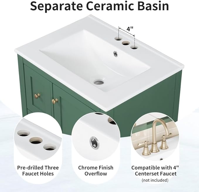Merax 24 inch Bathroom Vanity with Drawers, Modern White Vanity for Small Bathroom with Adjustable Shelf & Removable Dividers, Easy to Clean Glossy Finish, Dark Green