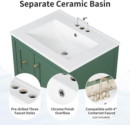 Merax 24 inch Bathroom Vanity with Drawers, Modern White Vanity for Small Bathroom with Adjustable Shelf & Removable Dividers, Easy to Clean Glossy Finish, Dark Green