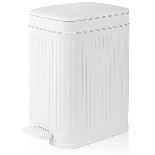 rejomiik Small Bathroom Trash Can with Lid Slim Soft Close Garbage Can Step Wastebasket Container Trash Bin for Office Bedroom Kitchen Living Room (1.9 Gallon White)
