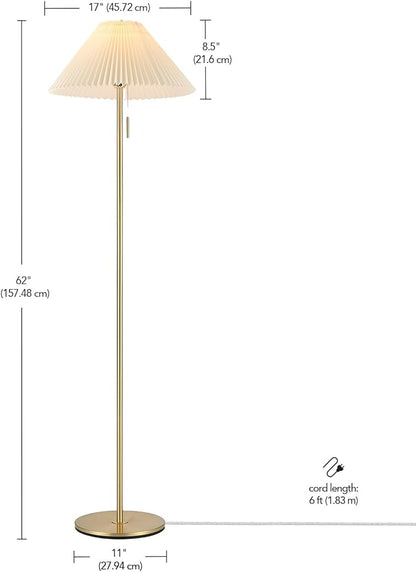 GLOBE Electric 61000176 62" Floor Lamp, Brass Finish, Metal, Pleated Fabric Shade, Flat Base, Pull Chain Switch on Socket, Reading Light, Office Accessories, House Decor