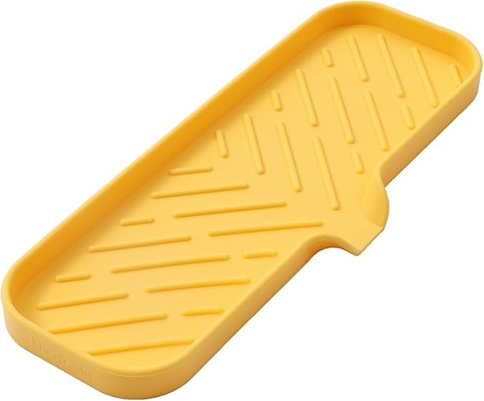 MicoYang Silicone Soap Dish with Drain Spout — Self-Draining Double Sink Organizer Tray for Kitchen & Bathroom, Dispensers, Sponges & Soap Holder, Non-Slip & Dishwasher Safe, Yellow (Large, 12"×4")