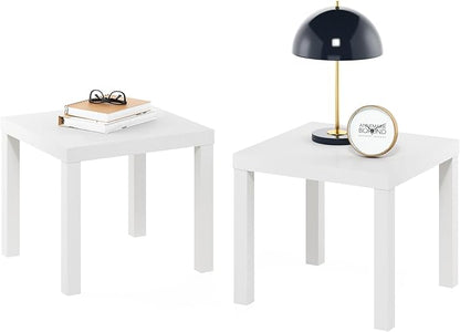Furinno Classic Toolless Assembly Square Side Table Set of 2, White End Table with 1.8 Thick Tabletop, Night Stand, Bedside Table, for Living Room, Bedroom, Plain White