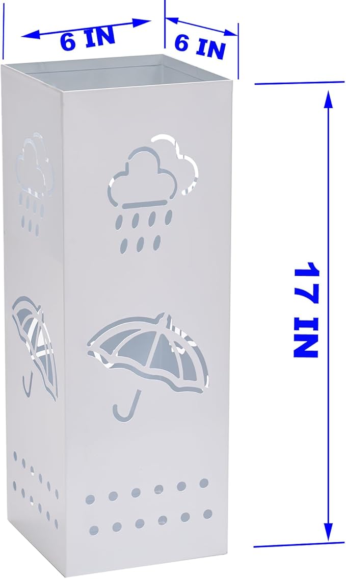 BEWBBAT Metal Umbrella Stand for Entryway, 6 x 6 x 17 Inch White Square Umbrella Organizer Bin, Free Standing Umbrella Holder,Walking Sticks, Home Office Decor