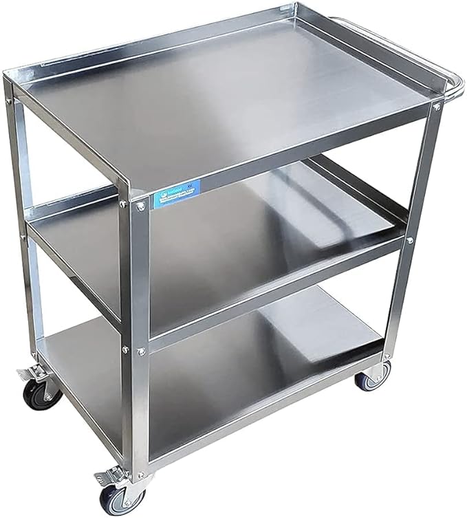 Commercial Stainless Steel 3-Shelf Utility Kitchen Cart – 28" x 18" x 33" | Rolling Metal Storage Cart with Casters for Restaurant, Kitchen, Garage