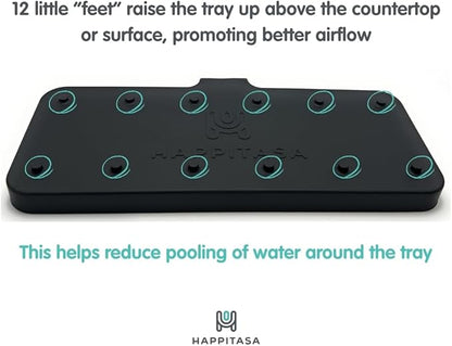 Happitasa Silicone Soap Dish Tray and Sponge Holder with Drain Chute and Feet | 3-Way Sloped Design | Bathroom and Kitchen Sink Organizer Caddy (Grey, 10"x4")