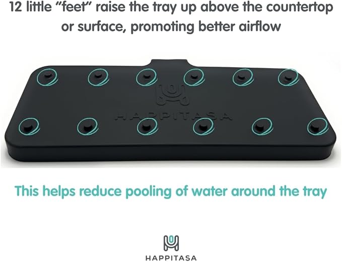 Happitasa Silicone Soap Dish Tray and Sponge Holder with Drain Chute and Feet | 3-Way Sloped Design | Bathroom and Kitchen Sink Organizer Caddy (White, 10"x4")