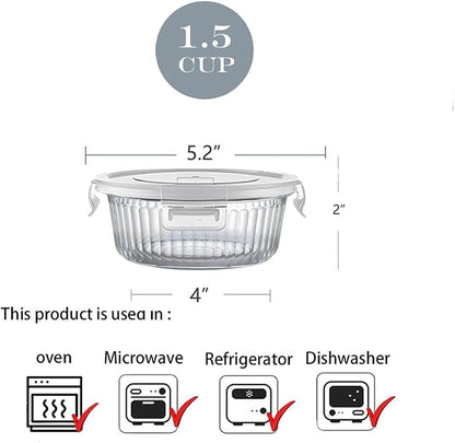 H.JSS WDJS 1.5 cup Round Glass Food Storage Containers with Lids, 12oz Small Glass Meal Prep Containers set, Heat-Resistant BPA-Free Round food bowl for Leftover. Microwave, Dishwasher & Freezer Safe