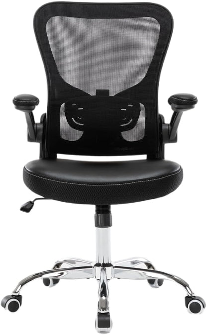 Ergonomic Office Chair with Lumbar Support, Adjustable PU Leather Computer Chair, Executive Desk Chair with Flip-up Arms, Breathable Mesh Back, Swivel Rolling Task Chair for Home Office Black