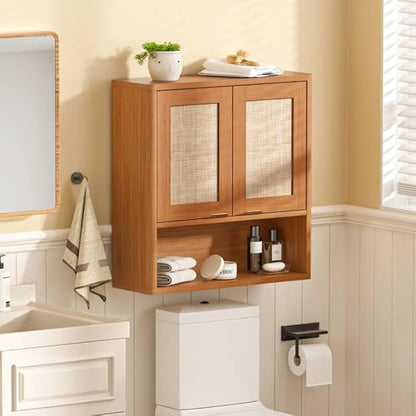 LEYAOYAO Rattan Bathroom Wall Cabinet, Boho Medicine Cabinet with Adjustable Shelf & Doors, Over The Toilet Storage Cabinets Organizer for Laundry Room, Kitchen, Living Room, Tea Brown