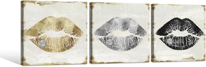 Lips Wall Decor Gold Silver and Black Lip Canvas Wall Art Glam Lips Poster for Bathroom Livingroom Bedroom Makeup Room Wall Decor 12x12Inchx3pcs