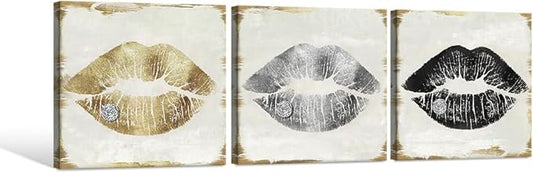 Lips Wall Decor Gold Silver and Black Lip Canvas Wall Art Glam Lips Poster for Bathroom Livingroom Bedroom Makeup Room Wall Decor 12x12Inchx3pcs