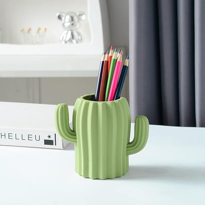 Silicone Pen Holder Cactus Cute Pencil Holder Cup Pot for Desk for Kids Office Decor Desk Organizer Makeup brush Holder Toothbrush Holder (Green)