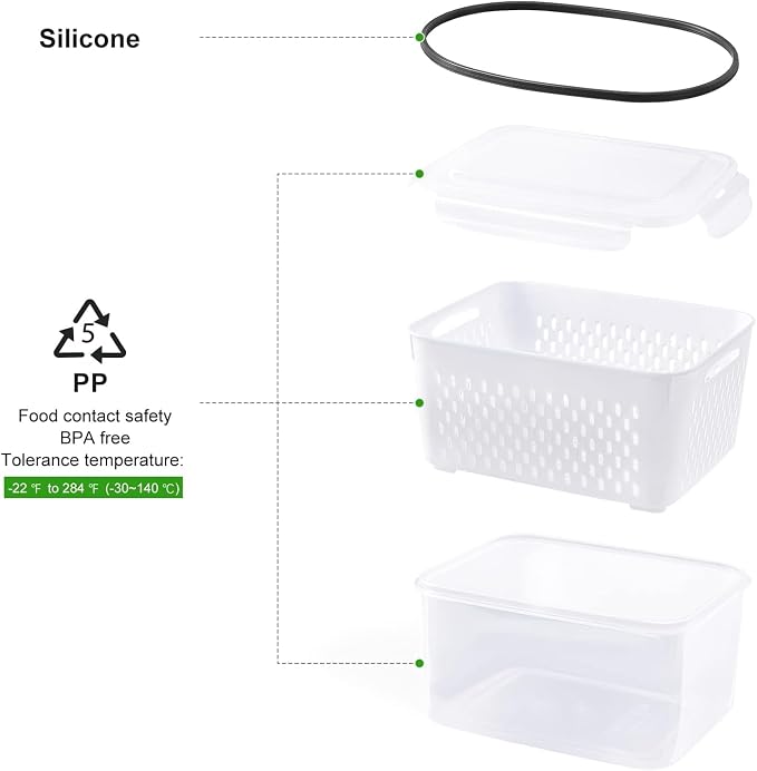 4 PCS Fruit Storage Containers for Fridge, Leakproof Produce Containers for Fridge with Removable Colander, Microwave/Dishwasher Safe Fruit Washing Bowl Keep Fruits, Vegetables, Berry Fresh longer