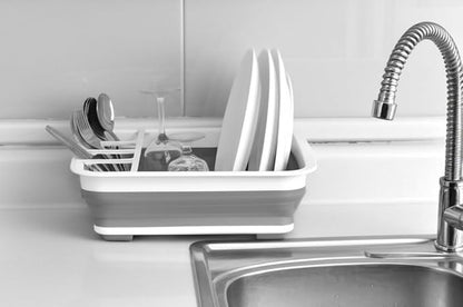 Collapsible Dish Drying Rack, Foldable Dinnerware Drainer Organizer | Space-saving plastic kitchen storage organizer. Compact folding dish drainboard perfect for RVs, camping & small countertops.