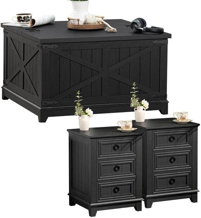 Farmhouse Coffee Table Set of 3, Furniture Set, Coffee Table with Hidden Storage Organizer and Nightsand 3-Piece Set, Large Country Natural Center Table Set for Living Room,Office, Home