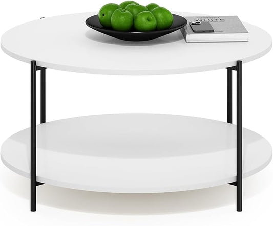 Furinno BESI Coffee Table, 2-Tier Round Modern Coffee Table with Metal Legs, Side Table with Open Shelf, for Living Room, Bedroom, Home Office, White