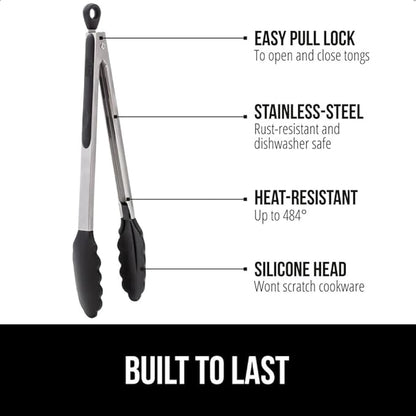 GORILLA GRIP Stainless Steel Heat Resistant Kitchen Tongs for Cooking, Set of 2 BBQ Tong, Non Scratch Silicone Tip for Pans, Strong Grip, Grab Food, Toss Salad, Air Fryer, Pull Lock, 7 + 9 Inch, Black