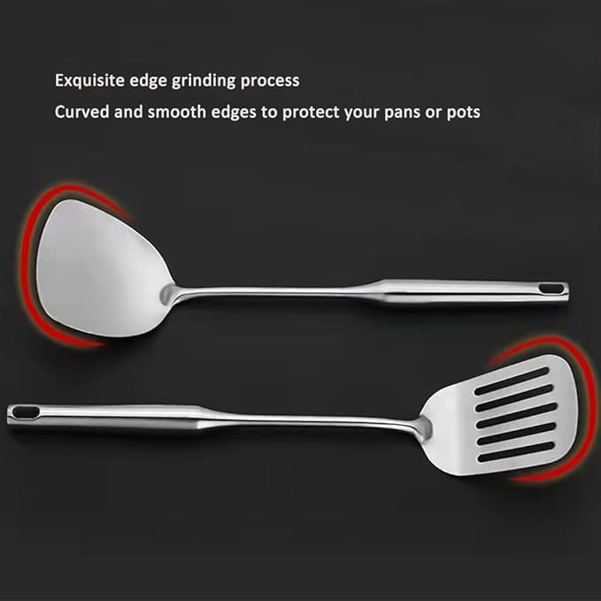 18/10 Stainless Steel Cooking Utensils Set 6 Pcs Metal Long Handle Kitchen Utensil, Spatula, Serving Soup spoon, Leaking shovel, Pasta Spoon Kitchen Tools Set (6 Pieces Set)