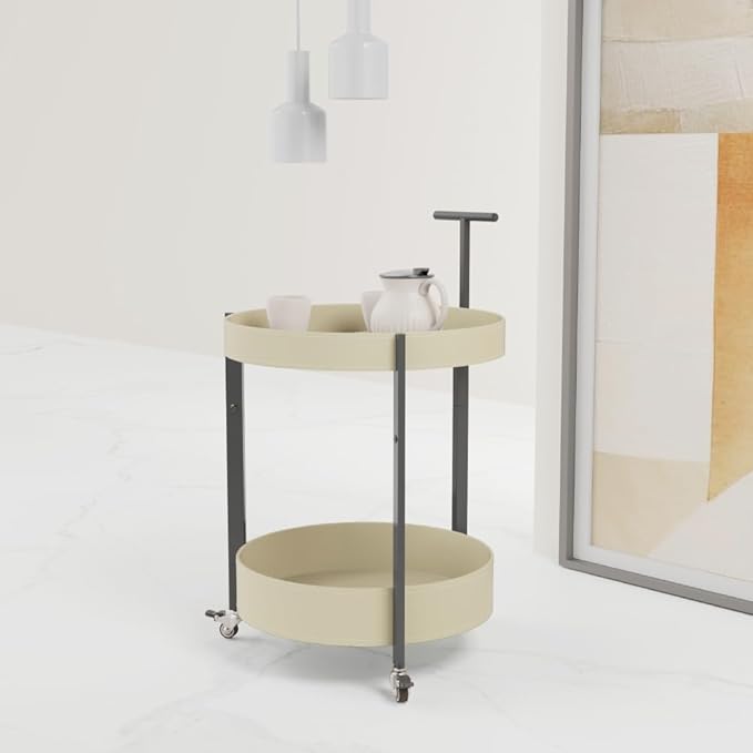 Unique Stylish 2 Tiers Saddle Leather Carbon Steel Finished Trolley Cart for Living Room Serving Cart for Kitchen Side Table for Bedroom (White)