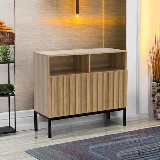 mopio Norwin Storage Cabinet, Sturdy Modern Rustic Industrial Buffet Sideboard, Fluted Accent Storage Cabinets, Credenza, Oak Wood TV Stand, Entertainment Center, Media Console, Living Room (Single)