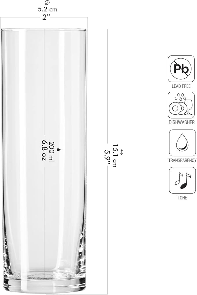 Krosno Tall Water Juice Drinking Highball Glasses, Set of 6 pieces, 6.8 oz, Pure Collection,Ideal for Everyday Use, Drinking Glasses, Dishwasher Safe, Made in Europe