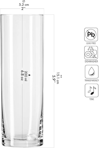 Krosno Tall Water Juice Drinking Highball Glasses, Set of 6 pieces, 6.8 oz, Pure Collection,Ideal for Everyday Use, Drinking Glasses, Dishwasher Safe, Made in Europe