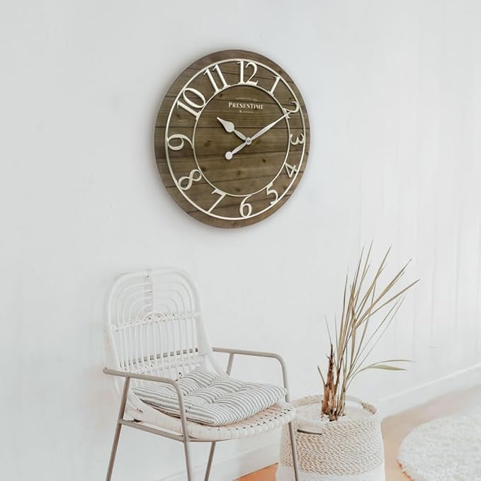 Presentime & Co Vintage Farmhouse Shiplap Clock, 19.5 inch, Silver Arabic Numerals with Weathered Pine Wood Shiplap Style. Large Farmhouse Decor for Living Room, Entryway, Home Office, Wall Décor
