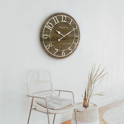 Presentime & Co Vintage Farmhouse Shiplap Clock, 19.5 inch, Silver Arabic Numerals with Weathered Pine Wood Shiplap Style. Large Farmhouse Decor for Living Room, Entryway, Home Office, Wall Décor