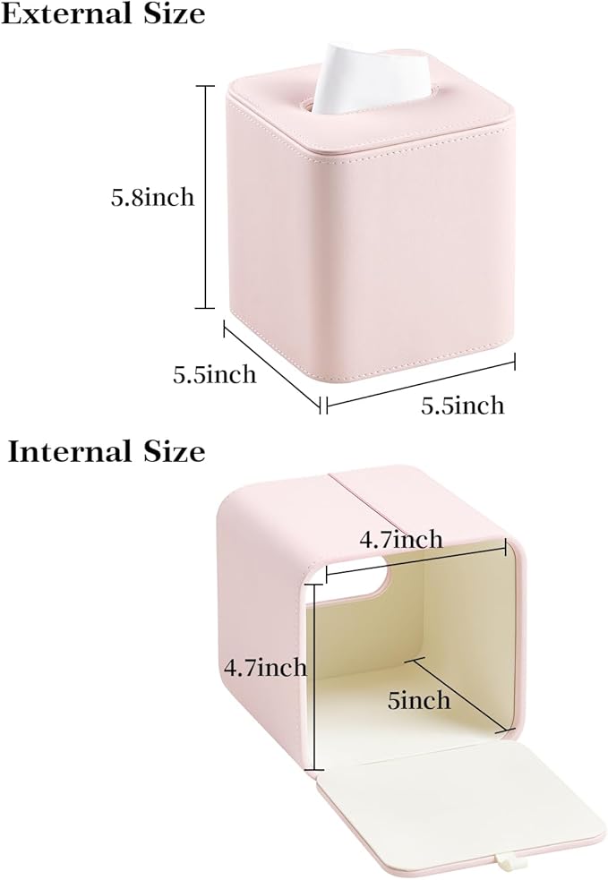 MEIBOOCH PU Leather Tissue Box Cover with Magnetic Closure, Square Tissue Box Holder with Rounded Edges Design (Pink, Square)