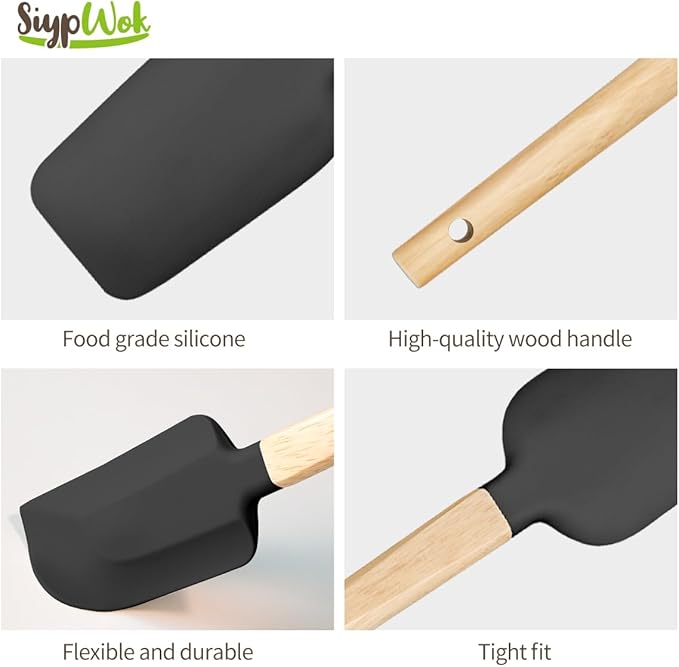 5 Pcs Silicone Spatula Set,Food Grade Silicone Spatula Nonstick Rubber Spatulas with Wooden Ergonomic Grip,Spoonula,Jar Scraper for Cooking,Baking,Mixing,Frosting-Heat Resistant Up to 428°F(Black)