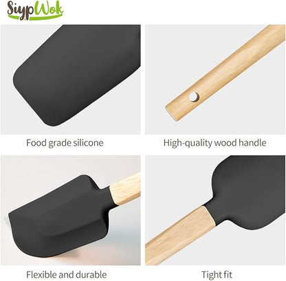5 Pcs Silicone Spatula Set,Food Grade Silicone Spatula Nonstick Rubber Spatulas with Wooden Ergonomic Grip,Spoonula,Jar Scraper for Cooking,Baking,Mixing,Frosting-Heat Resistant Up to 428°F(Black)
