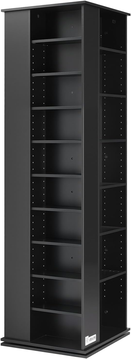 VEVOR Media Storage Cabinet, CD Rack Tower, 34 Compartments Rotating Media Tower Rack for CDs, DVDs, Books and Game Discs, DVD Stand for Living Room, Home Office and Recording Room, Black