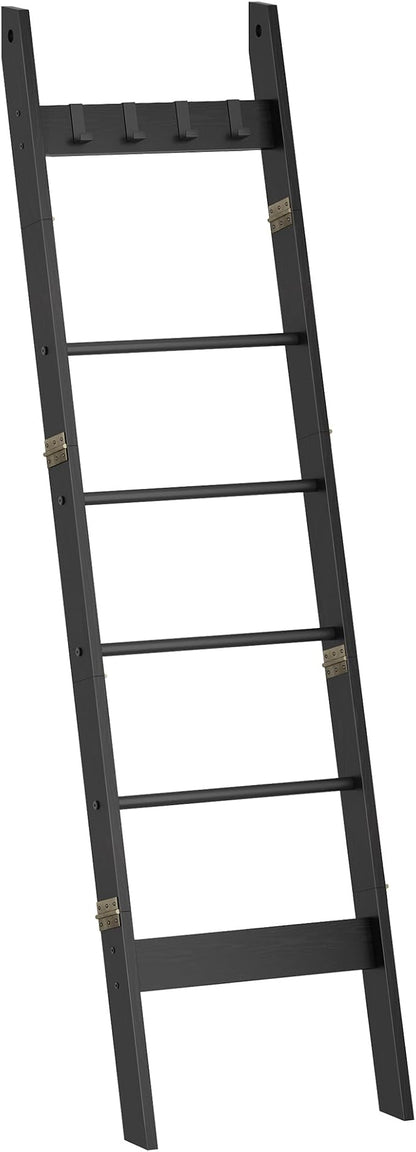 Hzuaneri Blanket Ladder for Living Room, Decorative Quilt Rack with 4 Removable Hooks, 6-Tier Farmhouse Ladder Holder Shelf Organizer for Bedroom, Black BR31504B