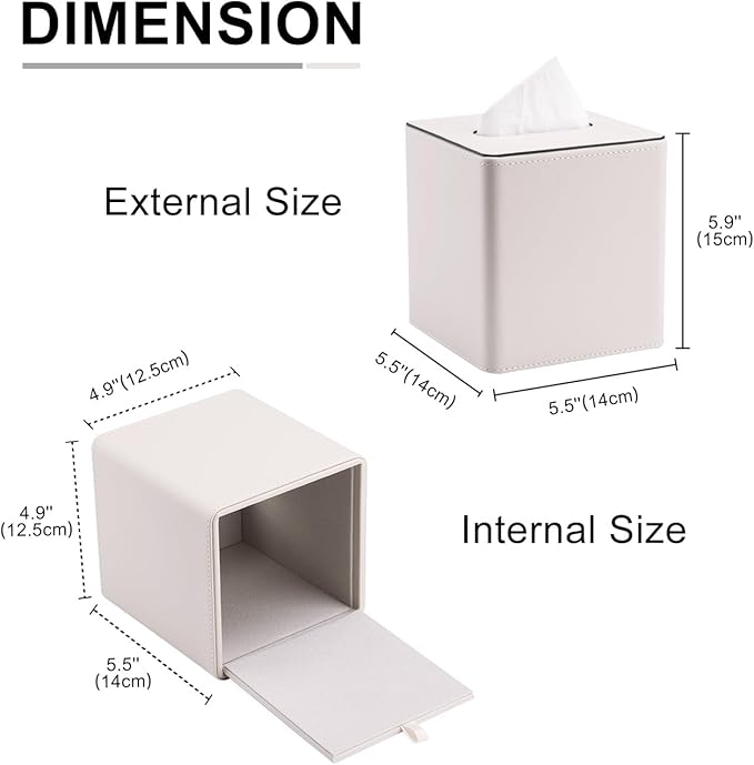 KINGFOM Leather Tissue Box Cover – Square Modern PU Leather Tissue Holder, Cube Tissue Dispenser for Home, Office, Bedroom, Bathroom – Elegant Minimalist Style (Ivory White-Square)