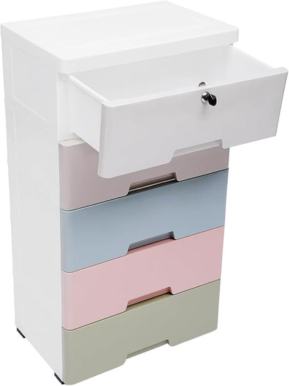 Plastic Dresser for Bedroom with 5 Drawers,Stackable Vertical Storage Tower, Small Dresser Chest of Drawers, Mobile Drawer Storage Cabinet with Wheels for Hallway Entryway,Bedroom Furniture (Macaron)