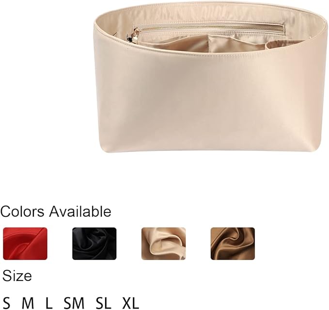ZTUJO Purse Organizer Insert For Handbags, Silk Purse Organizer with Zipper, Silky Smooth, Bag Organizer For Speedy Neverfull Tote,onthego,Artsy, 6 Sizes (Slender Large, Silky Beige)