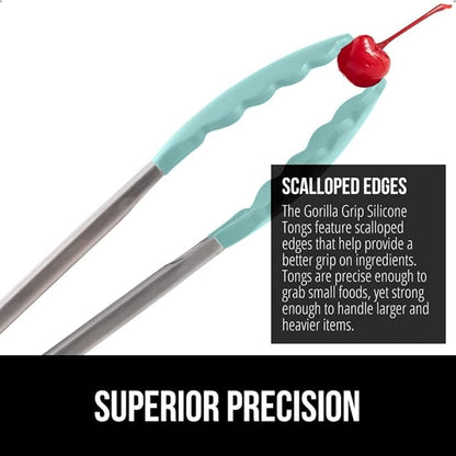 GORILLA GRIP Stainless Steel Heat Resistant Kitchen Tongs for Cooking, Set of 2 BBQ Tong, Non Scratch Silicone Tip for Pans, Strong Grip, Grab Food, Toss Salad, Air Fryer, Pull Lock, 7 + 9 Inch, Mint