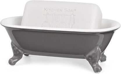 6.5" Ceramic Mini Decorative Clawfoot Bathtub Bar Soap Dish, Kitchen Sponge Holder and Shower Tray for Bathroom, 1 Pack(Stone Gray)