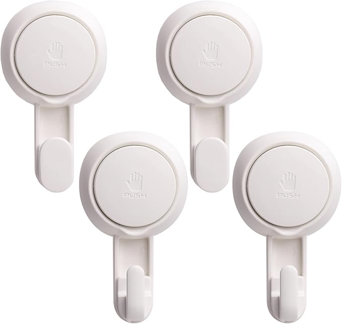 LEVERLOC Heavy Duty Suction Cup Shower Hooks 4 Pack, Damage-Free Shower Hangers for Inside Bathroom Wall, Powerful Vacuum Suction Towel Hooks, Loofah Holders, Easy to Install and Remove, White