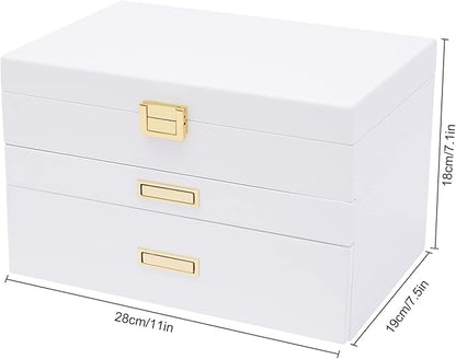 3-Layer Jewelry Box Organizer with Hooks, White Jewelry Chest for Women Girls, Jewelry Case Display Jewellery Holder Organizer Storage Box for Necklace Earrings Rings Bracelets