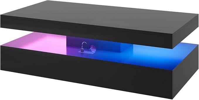 47” High-Glossy LED Coffee Table with 2 Sliding Drawers, Living Room Storage Coffee Tables, Modern Stylish Double-Layer Center Tables with LED Lights, Black