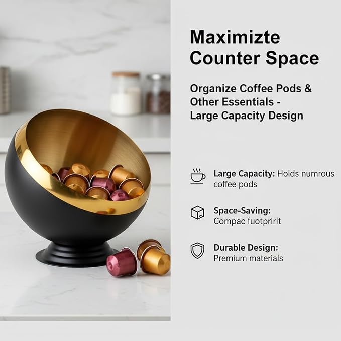 Coffee Pod Holder, Large Capacity Stainless Steel K Cups Holder Organizer Bowl Coffee Capsule Creamer Container Basket, Espresso Pods Storage for Bar Station, Counter (Black Gold)