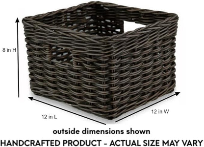 The Basket Lady Square Deep Wicker Storage Basket, Small, 12 in L x 12 in W x 8 in H, Antique Walnut Brown