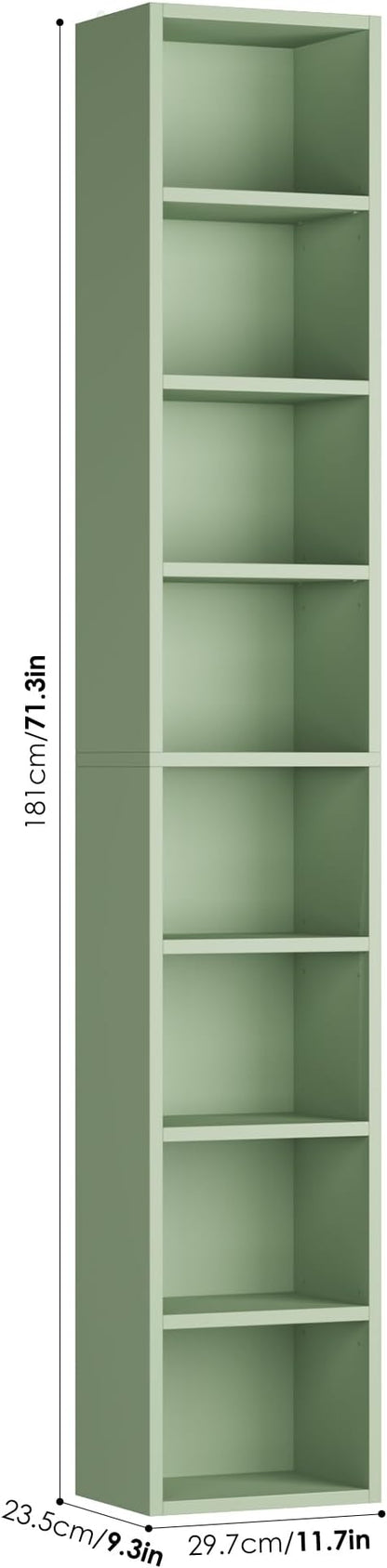 FOTOSOK 2 Pcs 71'' Tall Narrow Bookshelf, 8-Tier Media Tower Rack Set of 2, CD DVD Storage Cabinet with Adjustable Shelves, Tall Narrow Bookcase Skinny Display Bookshelf Slim Shelf, Green
